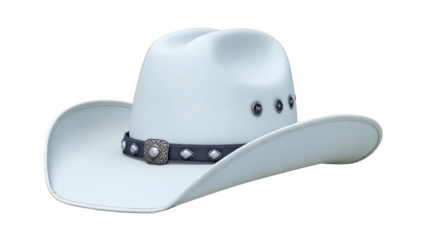 White cowboy hat with decorative black band, silver conchos, and wide brim, classic western style, isolated on transparency background, symbolizing country fashion and rugged charm