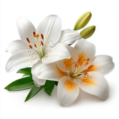 Fototapeta premium White lilies with green leaves and buds on white background create fresh and elegant floral arrangement. delicate petals and vibrant colors evoke sense of purity and tranquility