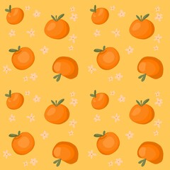 Orange Fruit and Flower Seamless Pattern on Yellow