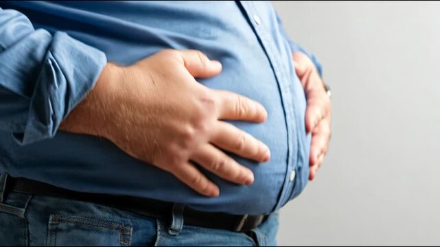 Overweight man touching his big belly, feeling discomfort from indigestion, bloating or pain