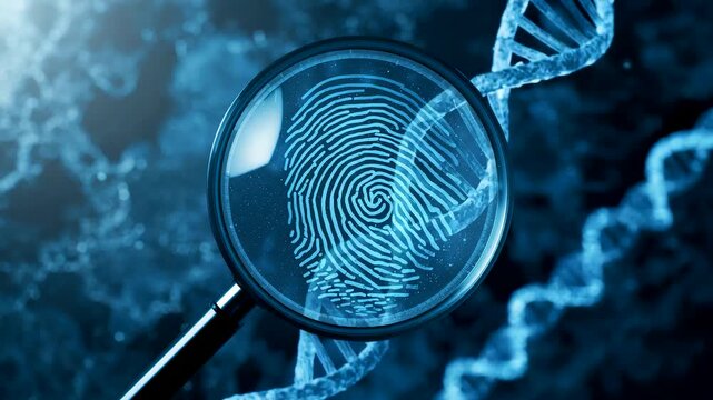 Magnifying Glass Over Fingerprint with Blue DNA Helix Background in Forensic Science Theme