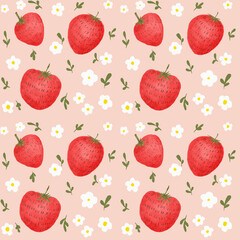 Strawberry and Flower Seamless Pattern Illustration on Light Pink