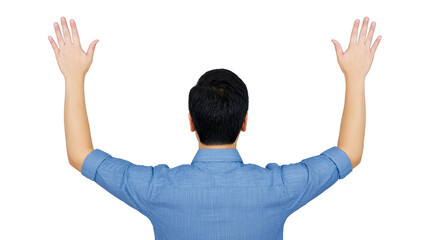 Man raising hands back view blue shirt isolated gesture surrender celebration confident adult casual emotion expressive male standing open arms success freedom copy space
