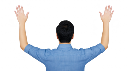 Man raising hands back view blue shirt isolated gesture surrender celebration confident adult casual emotion expressive male standing open arms success freedom copy space
