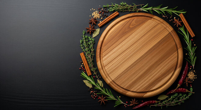 A blank round wooden board framed by aromatic spices and herbs on a dark background, perfect for restaurant menu templates and food goals