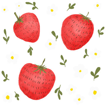 Strawberry and Flower Pattern Illustration Isolated Without Background PNG