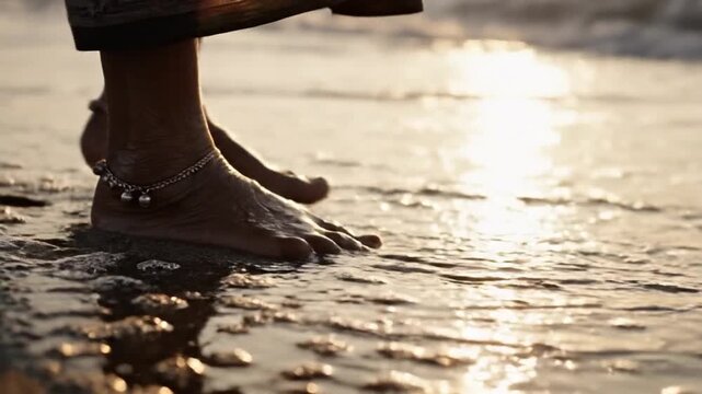 Serene beach video of barefoot woman's feet touching ocean waves at sunset with warm sunlight