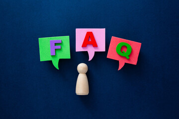 Wooden person asking frequently asked questions concept