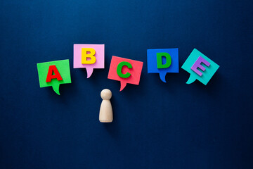 Wooden figure learning alphabet letters communication concept