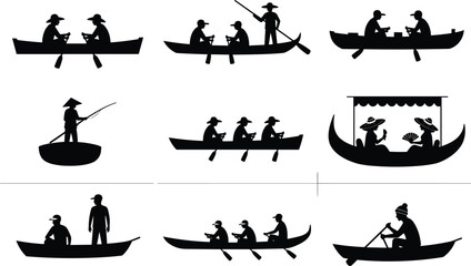 Traditional boat rowing silhouettes illustration, fishermen paddling canoes and gondolas, cultural water transport scenes, black vector icons isolated on white background © MstRajina