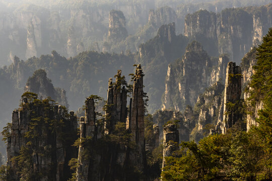 View of jagged, rocky spires pierce through the hazy landscape, a testament to nature's artistry in Zhangjiajie, Hunan, China.