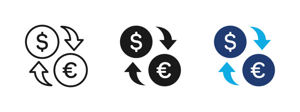 Currency exchange icon with dollar and euro symbols and arrows. Money conversion concept for finance, banking, forex trading, international payments and global business transactions.