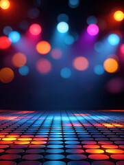 Vibrant disco dance floor with colorful lights and bokeh effect, creating energetic and lively atmosphere. Perfect for parties and celebrations