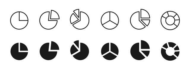 Pie and donut chart icon set for data visualization. Statistics and percentage diagrams for analytics dashboards, reports, infographics, presentations and user interface design.