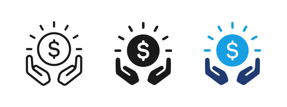 Money protection icon with hands holding coin. Concept of savings security, financial protection, safe keeping cash, insurance, banking safety and secure money storage.