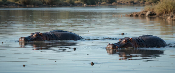 Fototapeta premium Swimming hippos in serene river wildlife photography natural habitat close-up view