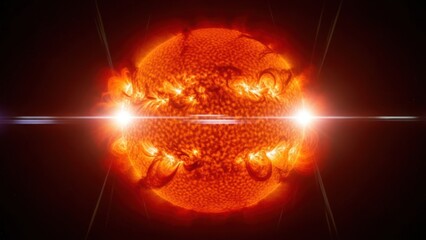 A vibrant, fiery celestial body with explosive energy and radiating light streaks