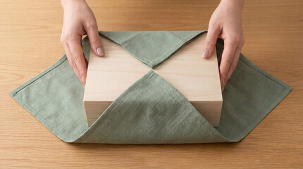 Part 2 of Step‑by‑step DIY furoshiki gift wrapping with green cloth and wooden box. Perfect visual guide for sustainable packaging, branding tutorials and eco gift campaigns.