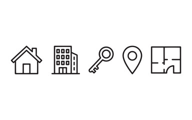 Real Estate and Property Line Icon Set: House, Apartment, Key, Location Pin, and Floor Plan Vector Illustration