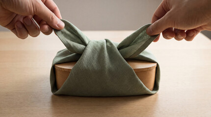 Part 3 of Step‑by‑step DIY furoshiki gift wrapping with green cloth and wooden box. Perfect visual guide for sustainable packaging, branding tutorials and eco gift campaigns.