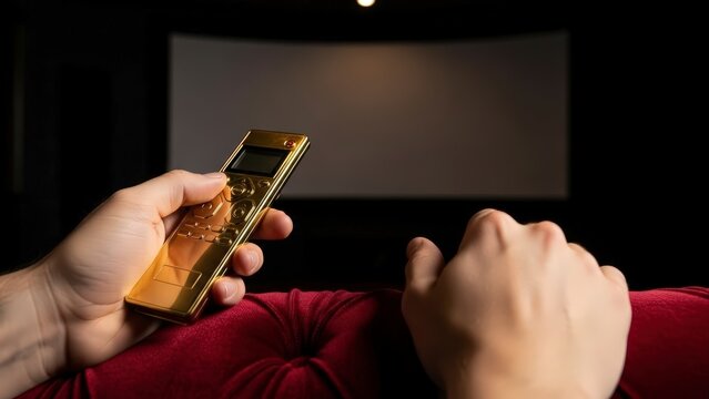 Person holding a remote control in a home cinema with a large screen. - Powered by Adobe