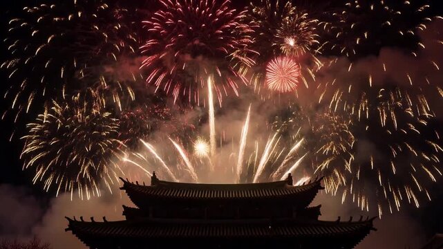 A sweeping establishing shot of fireworks exploding above a traditional building at night