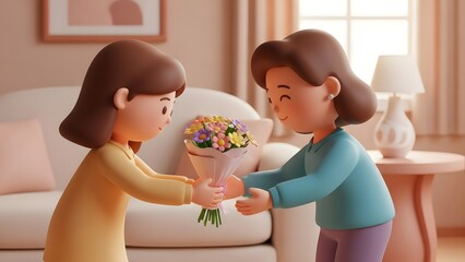 3D Cartoon Illustration of Mother Receiving Flower Gift from Daughter as a Loving Gesture on Mother’s Day