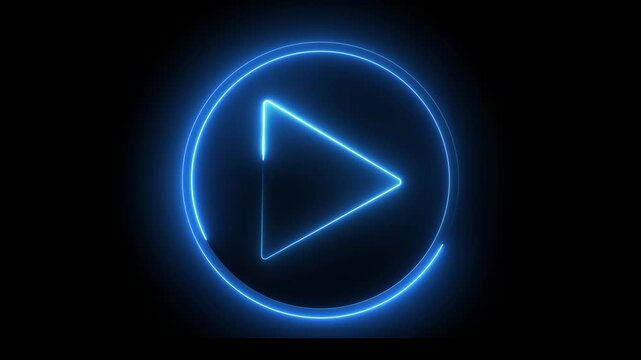 Neon blue color play button icon animation glowing audio video start stop player circle media push button icon with black background