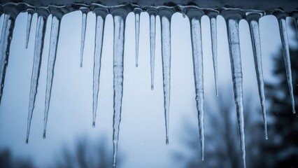Close-up of hanging icicles in varying lengths against a soft, blurred winter sky