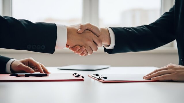 Close-up of two businesspeople in suits shaking hands over a white office table