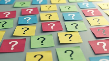 Colorful sticky notes with question marks arranged on a surface, signifying queries