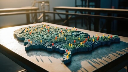 3D model of US map with pin markers on a metal table, in a modern, industrial setting
