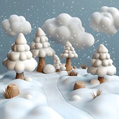 Obraz premium A stylized winter landscape with snowy trees, clouds, and a winding pathway.