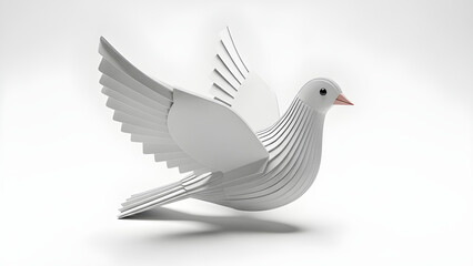 Fototapeta premium A symbolic white dove in flight, representing peace and hope, captured against a clean backdrop. The bird's wings are spread, conveying motion and freedom