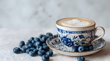Elegant Coffee Cup with Latte Art and Fresh Blueberries on a White Surface.