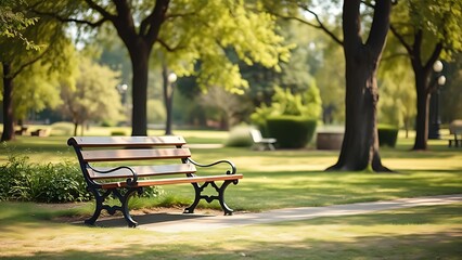 A serene park bench sits empty amidst lush greenery under natural daylight.