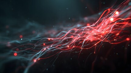 Glowing red and blue neural network connections on a dark background with light trails
