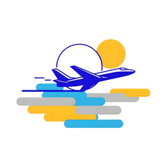 Minimalist Airplane Flight at Sunset Horizon - Travel & Vacation Journey Icon Illustration