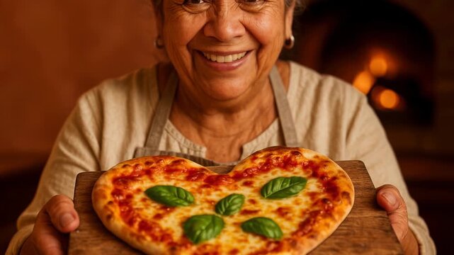 Heart shaped margherita pizza held by smiling elderly woman in rustic kitchen with wood fired oven and warm ambient lighting
