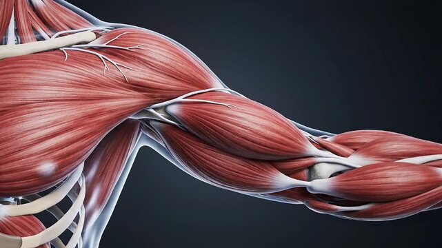 Advanced 3D anatomical illustration depicting the complex network of muscles, veins, and bones in the human arm and shoulder, ideal for medical education and physiological study