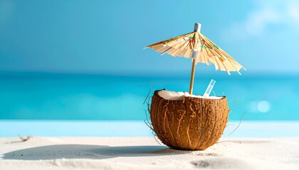 Tropical coconut drink with umbrella on a sandy beach paradise.