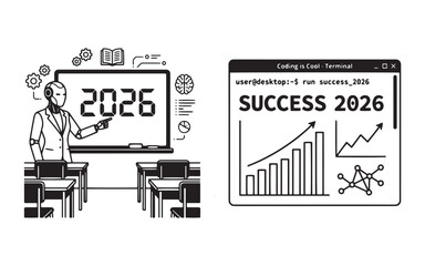 AI Teacher in Future Classroom and Coding Success 2026 Terminal Concept Vector Illustration