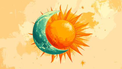 Illustration of a sun and moon in a watercolor style.