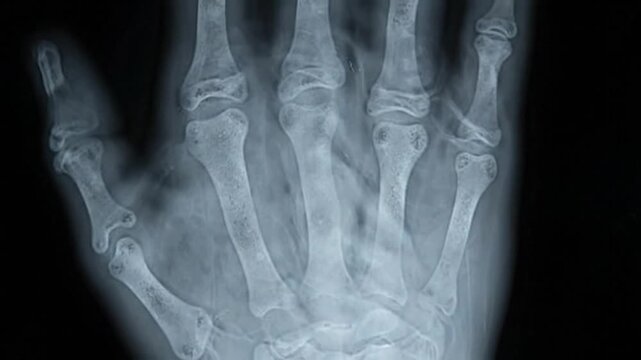 Radiographic image showcasing bones of a human hand, with visible phalanges and metacarpals