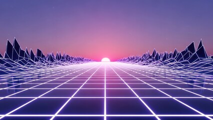 Synthwave landscape, neon grids extend toward a radiant sun setting over polygonal peaks