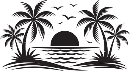 Tropical island landscape silhouette. Palm trees and sunset beach illustration. Vector illustration. © Abdul  Rehman