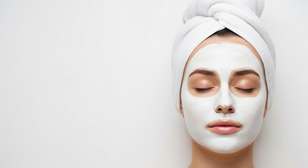 A woman with a white facial mask and towel looking forward, perfect for hygiene concepts, spa branding, and beauty plans