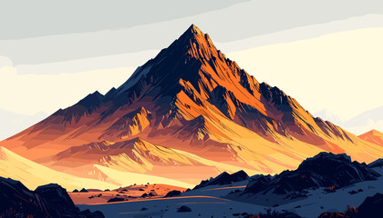 A majestic mountain peak bathed in warm sunlight, showcasing rugged terrain and a clear sky.