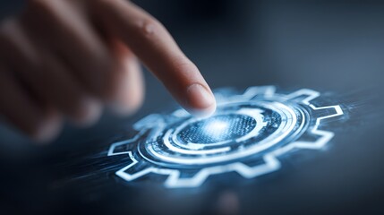 Finger Touching Glowing Gear Icon - Technology and Innovation Concept.