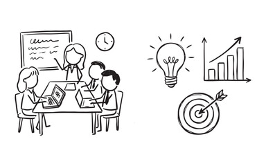Business Strategy Meeting and Success Icons: Teamwork, Growth Chart, and Goal Target Doodle Vector Illustration